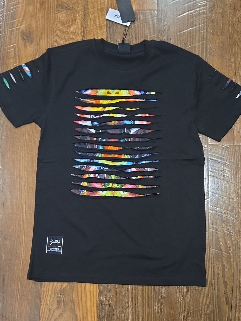 Men's Black Short-Sleeve Graphic Cut-Out Tee with Multicolor Underlay